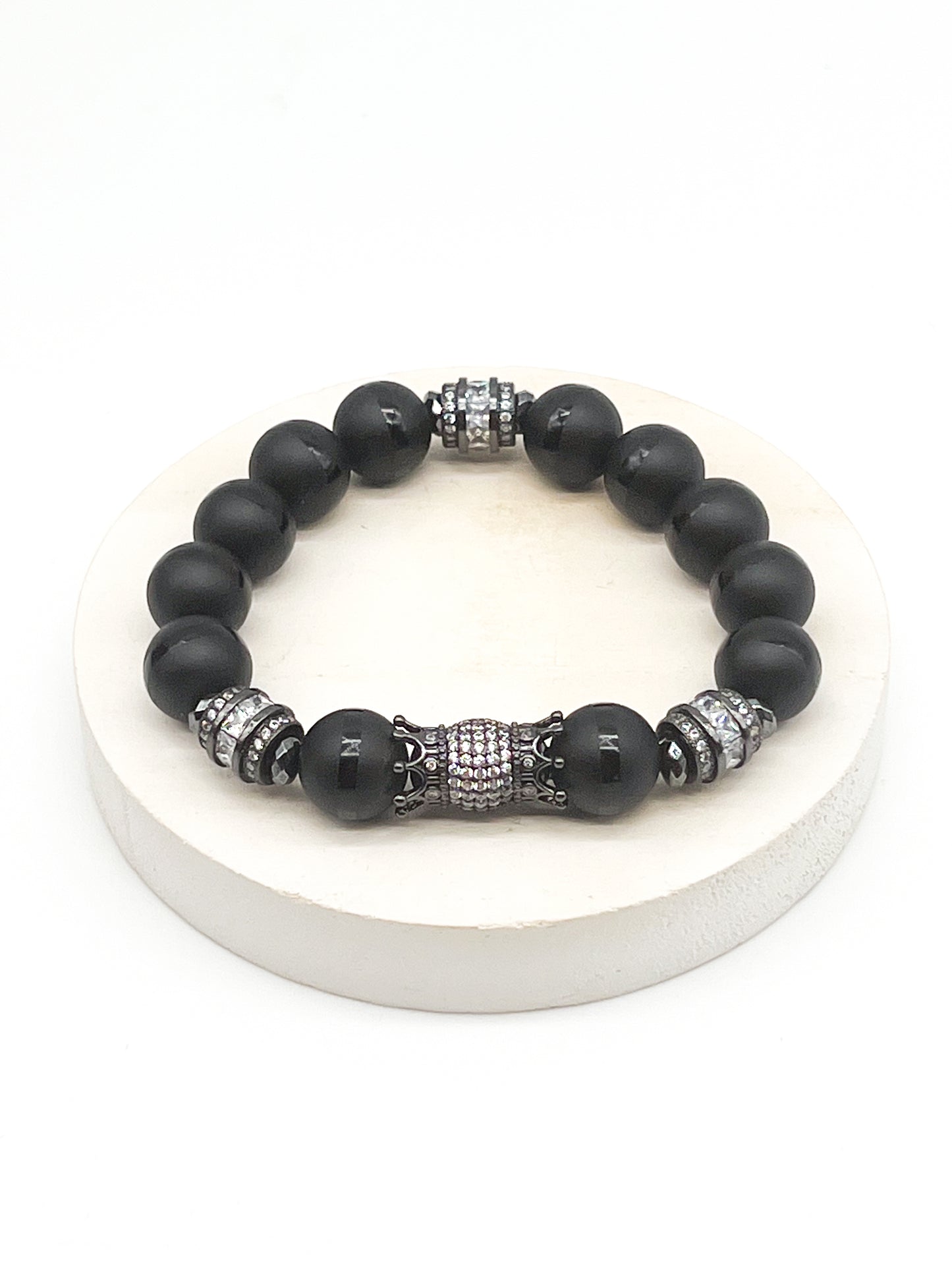 Black Onyx & Gun Metal Double Sided Crown Bracelet - Barrel