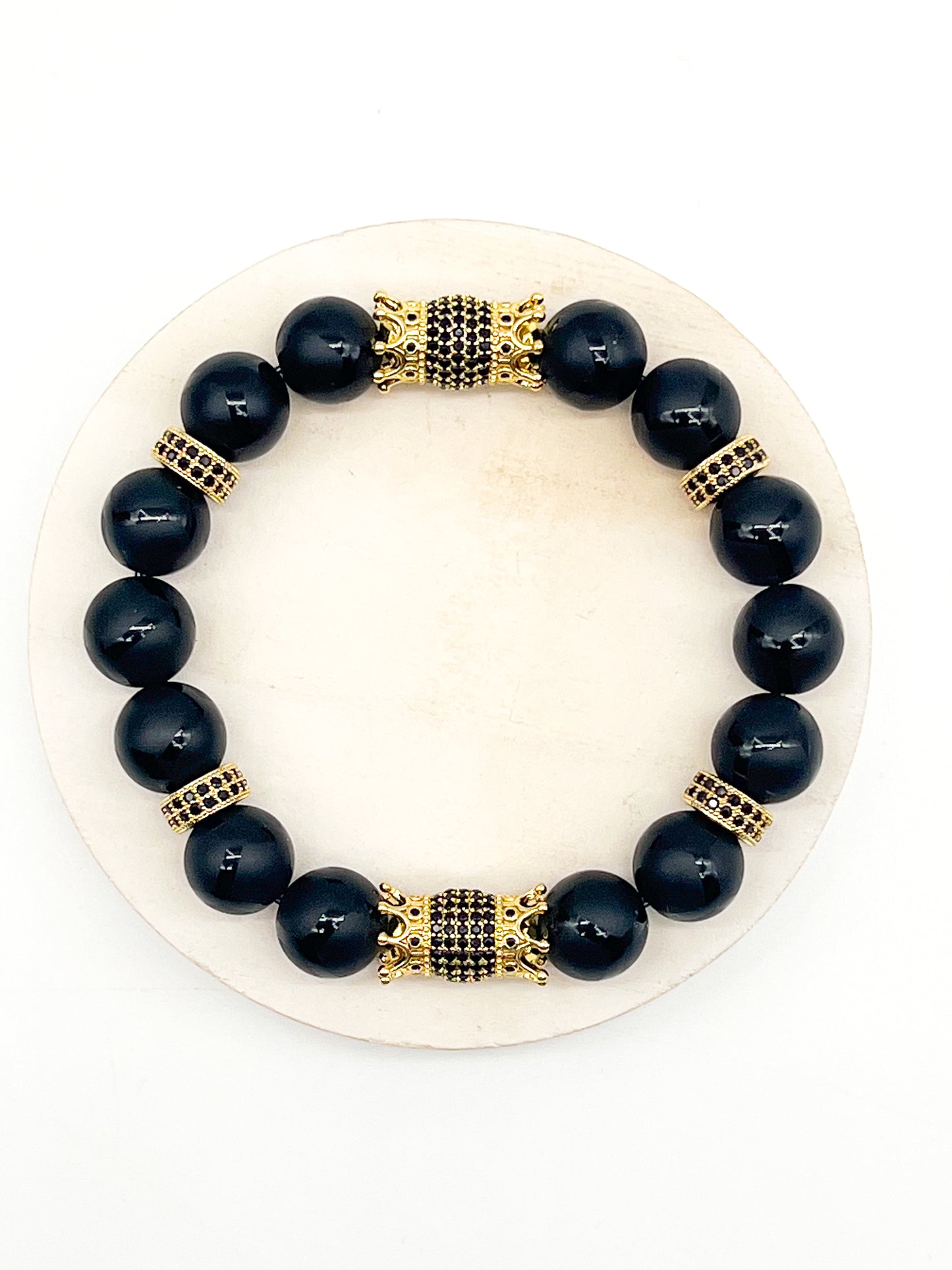 Black Onyx & Gold Double Sided Crowns Bracelet