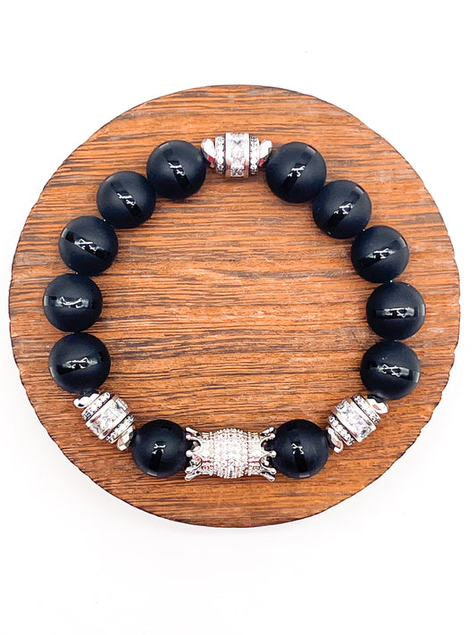 Black Onyx & Silver Double Sided Crown Bracelet - Barrel