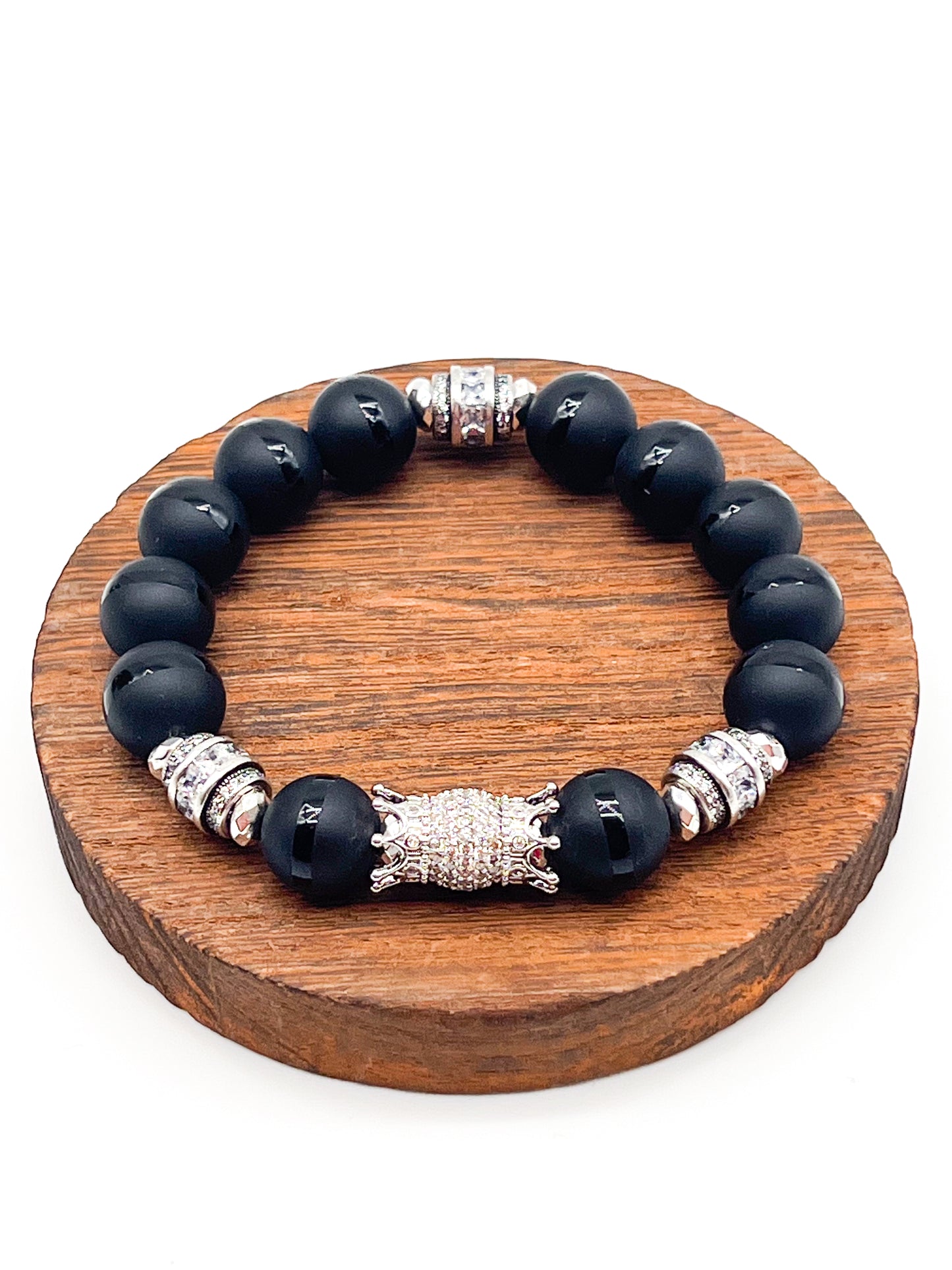 Black Onyx & Silver Double Sided Crown Bracelet - Barrel