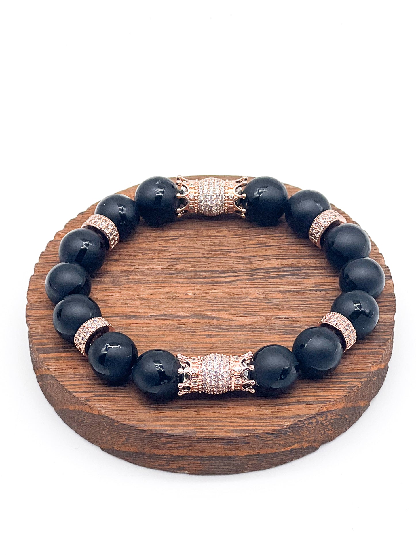 Black Onyx & Rose Gold Double Sided Crowns Bracelet