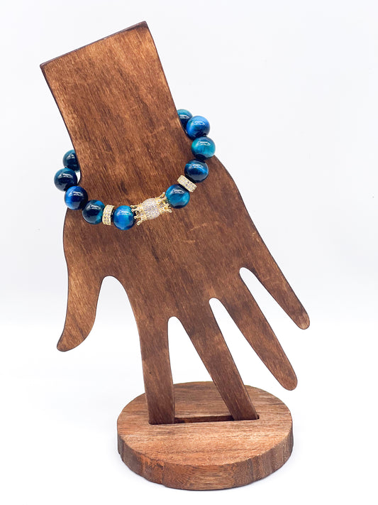 Blue Tiger's Eye & Gold Double Sided Crown Bracelet