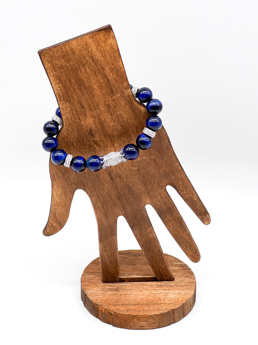 Dark Blue Tiger's Eye & Silver Double Sided Crowns Bracelet