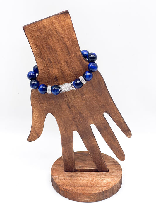 Dark Blue Tiger's Eye & Silver Double Sided Crown Bracelet