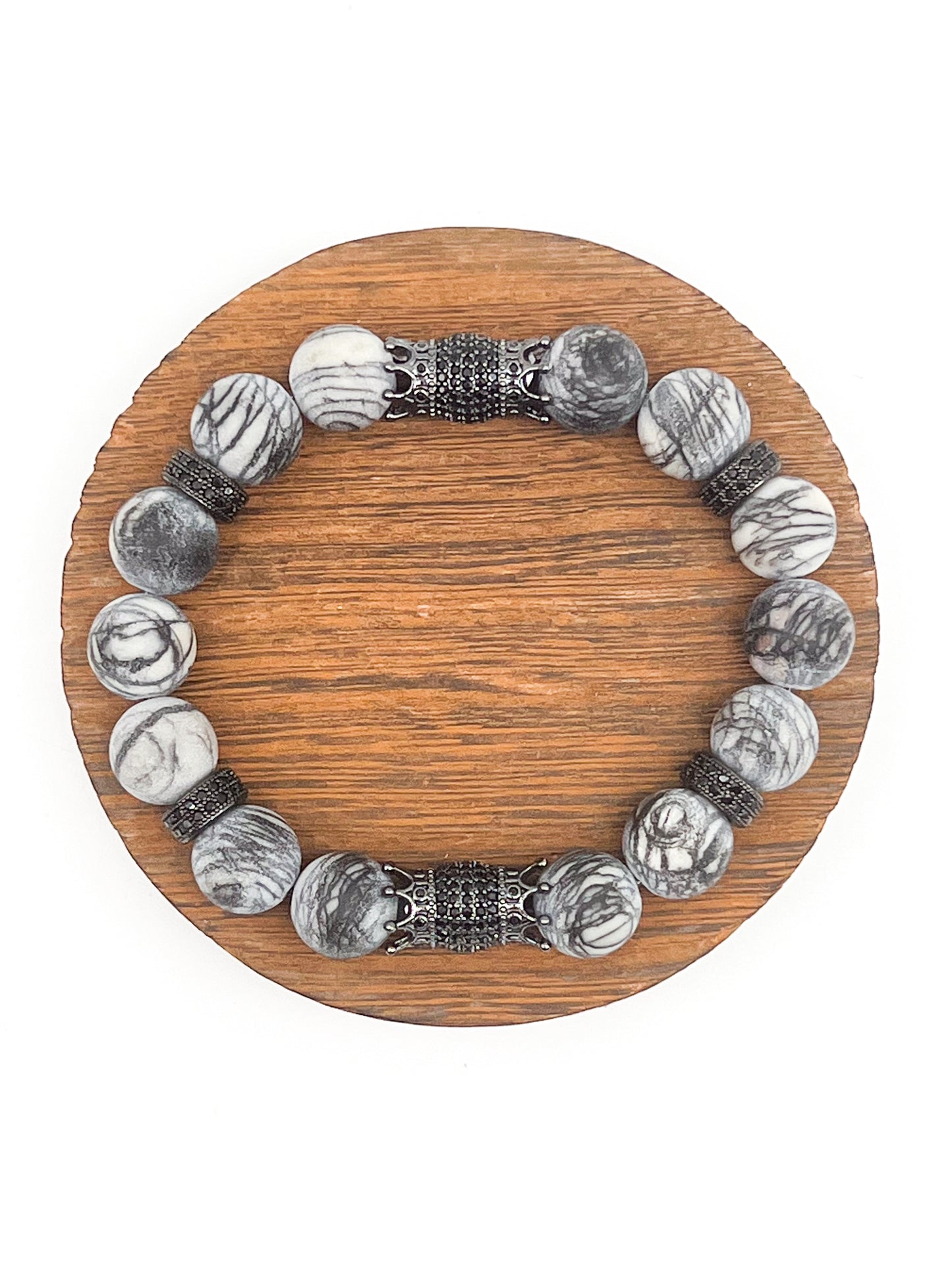 Grey Picasso Jasper & Gun Metal Double Sided Crowns Bracelet