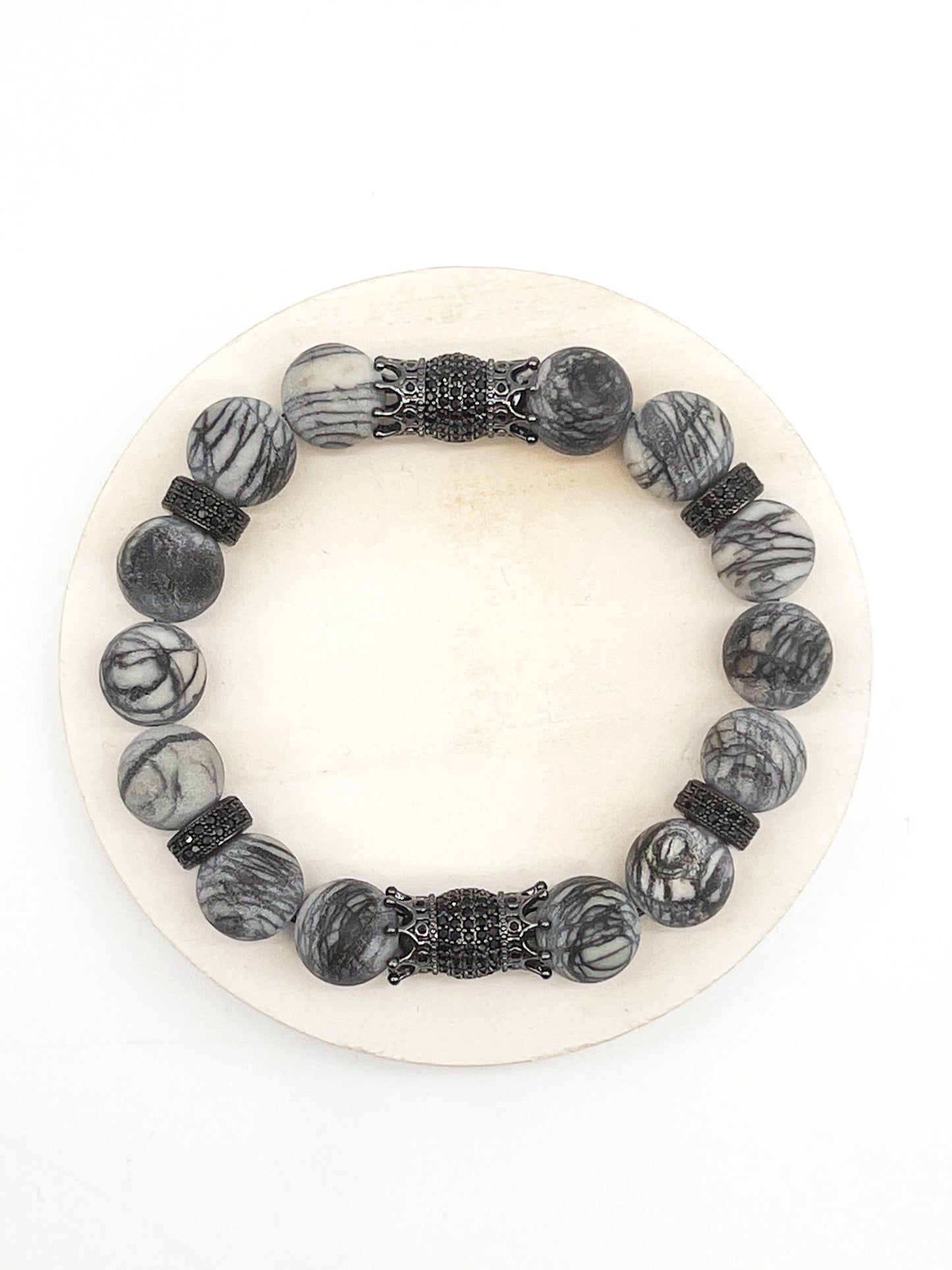 Grey Picasso Jasper & Gun Metal Double Sided Crowns Bracelet