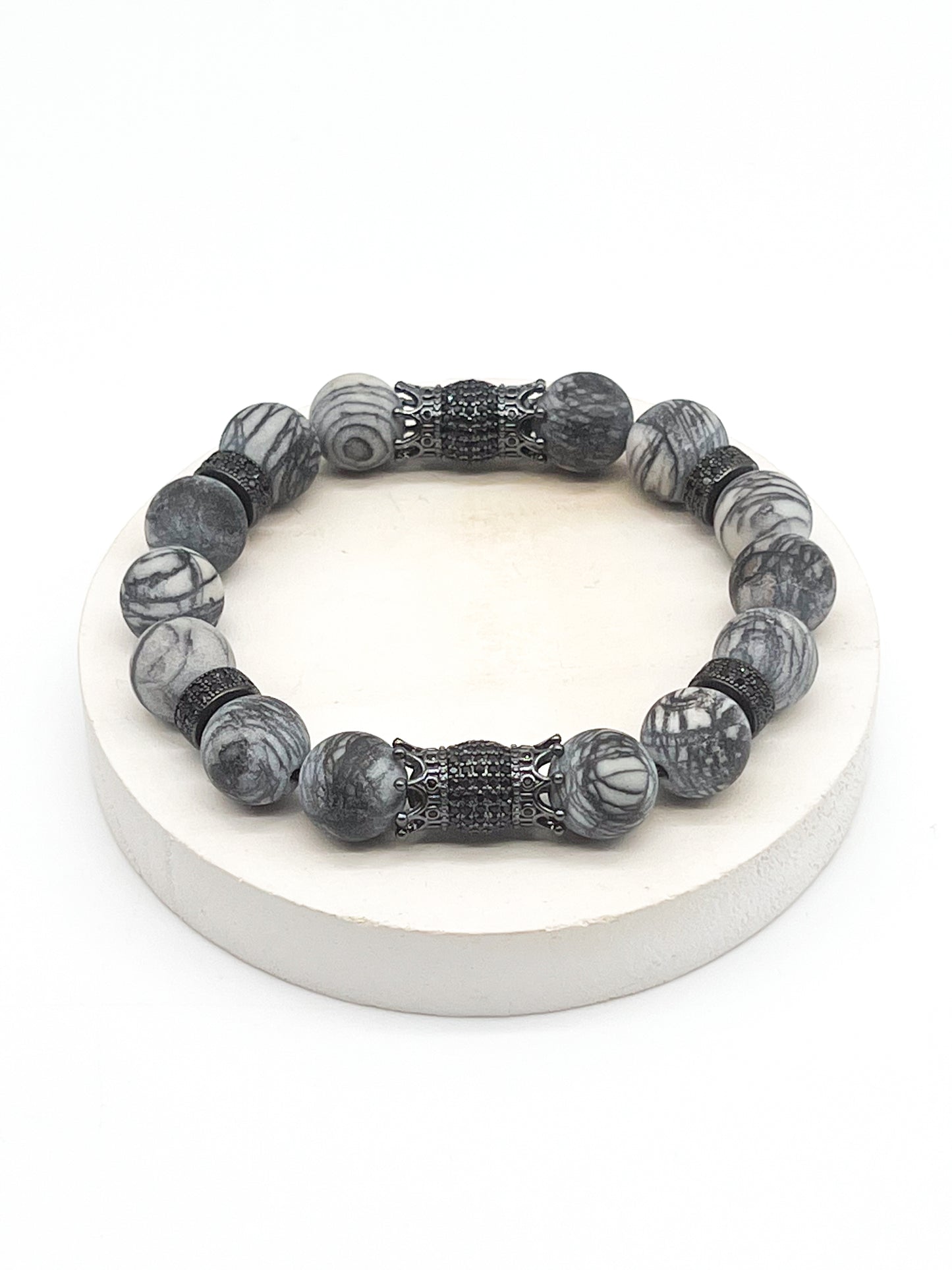 Grey Picasso Jasper & Gun Metal Double Sided Crowns Bracelet